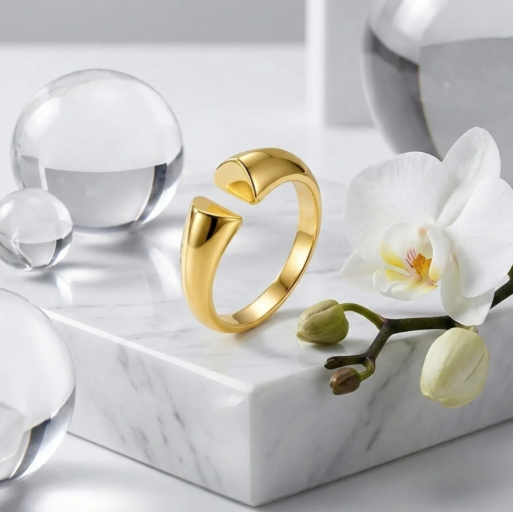 18k Gold Plated 316L SS Open Cuff Ring Adjustable Sculptural Gold Adj 7-9